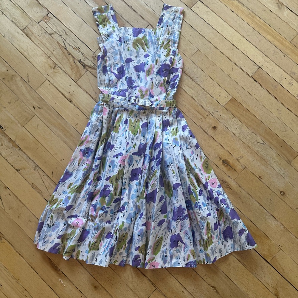 Vintage Floral Fit-and-Flare Dress in Purple, Green and Pink